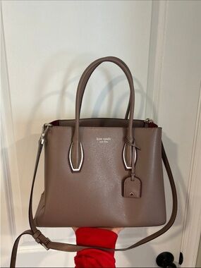 kate spade Pebbled Leather Satchel in Taupe with Burgundy Interior